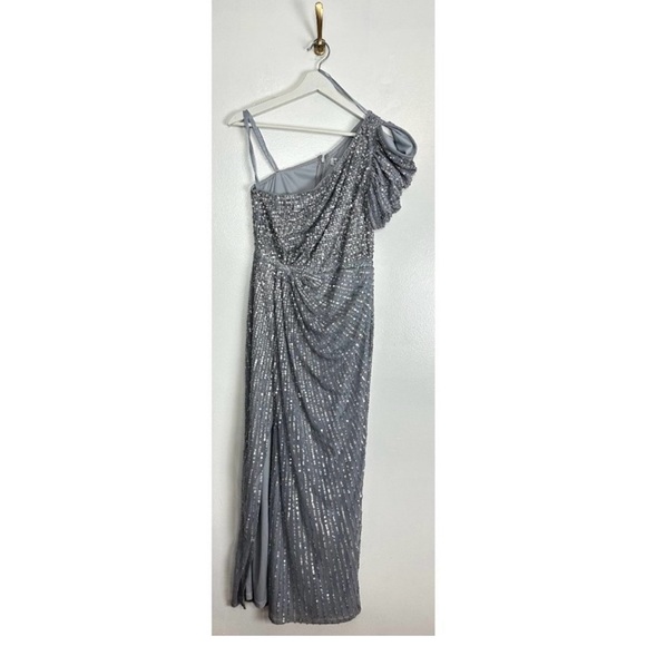 MAC DUGGAL Embellished Puff One Shoulder Gown in Silver Size US 4 - Picture 3 of 7